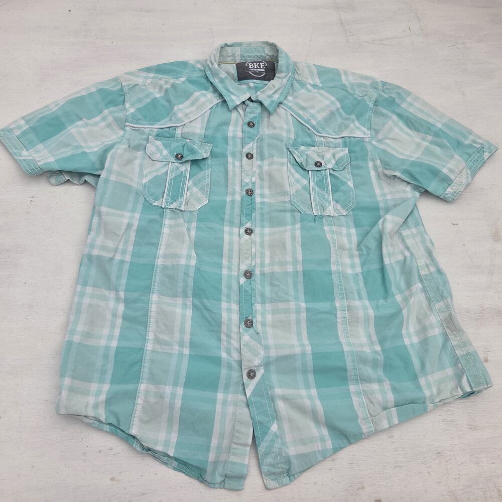 BKE Athletic Fit Mens 2XL Button Down Shirt Short Sleeve Aqua Blue Plaid Pockets